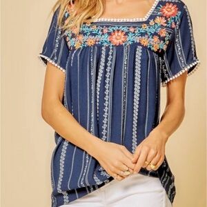 Savanna Jane Striped Short Sleeve Navy Blouse With Floral Embroidery Size Small